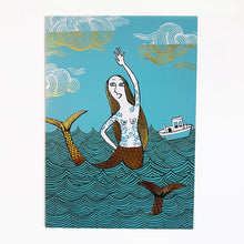 Load image into Gallery viewer, a greeting card with an artist depiction of a mermaid in the sea 
