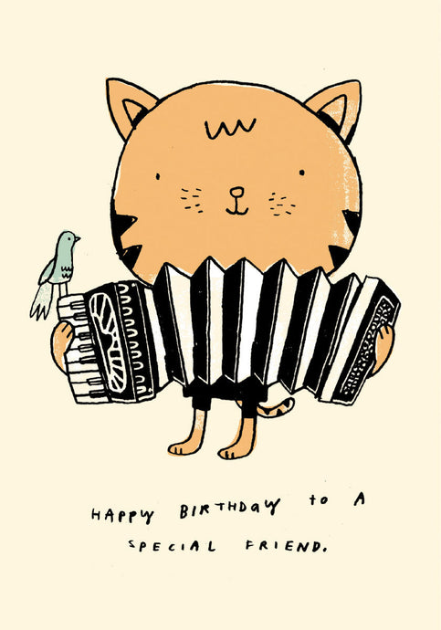 a pencil illustration of a cat playing an accordian with a little blue bird sitting on the instrument , on a soft beige background 