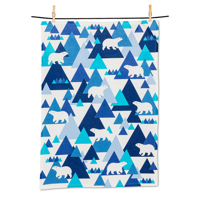 a tea towel with blue images of polar bears and blue mountains like triangles 