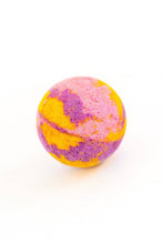Load image into Gallery viewer, colourful pink purple and orange round bath bomb from soak bath co. 
