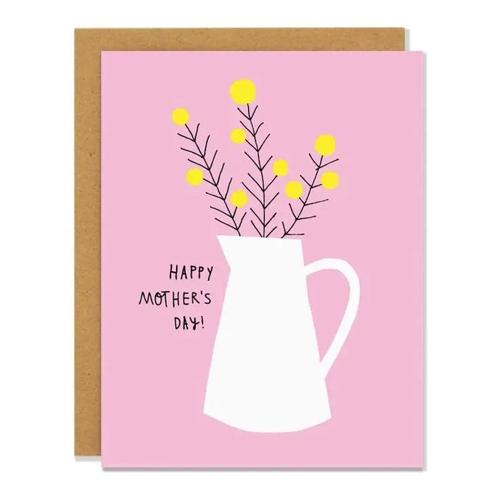 a pink greeting card with a white jug holding little yellow flowers. text happy mothers day