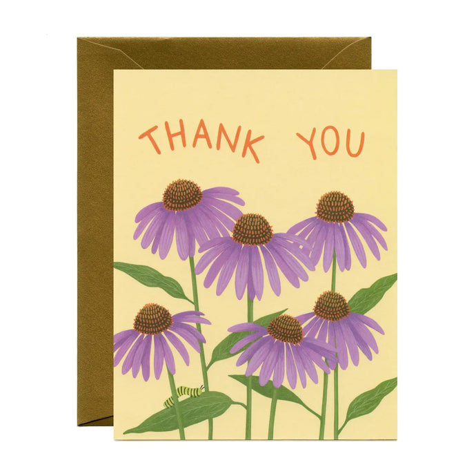 a greeting card with an illustration of purple coneflowers with text; thank you 