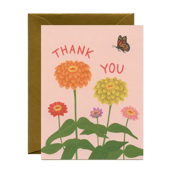 a greeting card with illustration of dhalia flowers and a little monarch butterfly on a soft pink background 