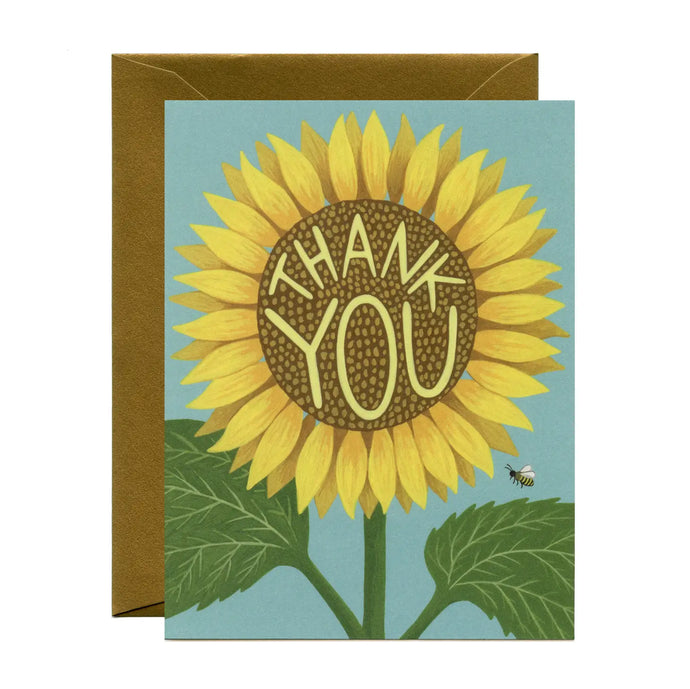 a greeting card with an illustration of a big yellow sunflower with text thank you 