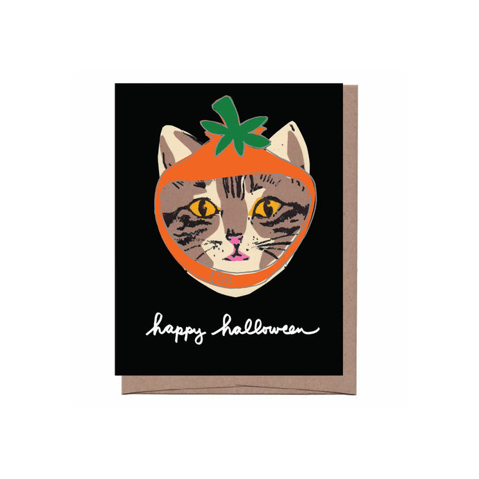 illustration of a tabby cat wearing a pumpkin hat text happy halloween 