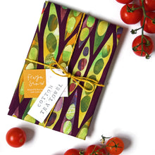 Load image into Gallery viewer, a tea towel with colourful runner bean vegetables on it 
