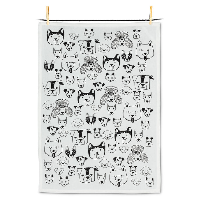 an illustration in black of all sorts of dogs faces on a white tea towel