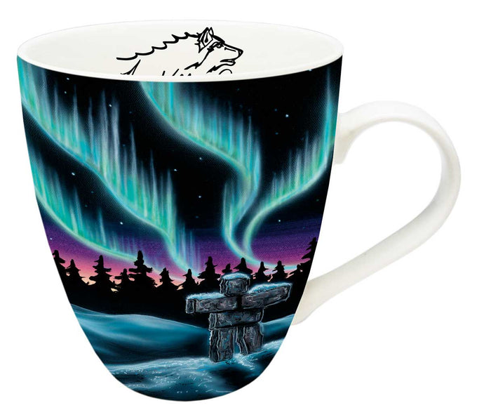 a mug with Indigenous design of ntrthern lights an Inukshuk