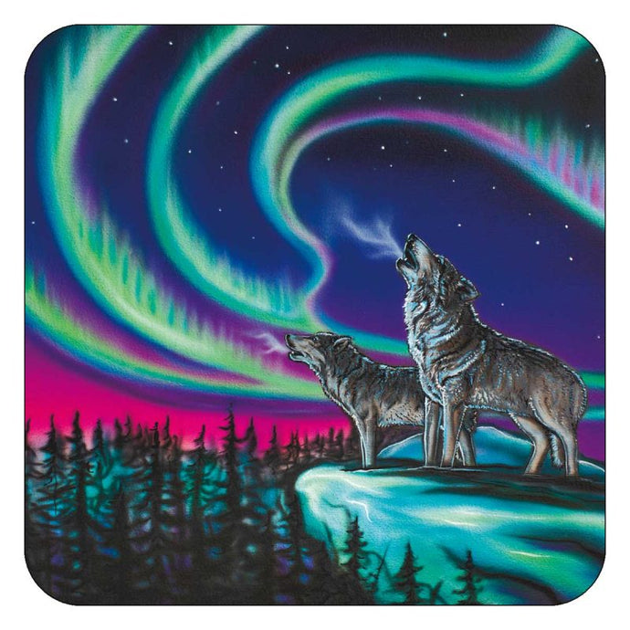 a drink coaster with Indigenous art image of 2 wolves howling in the northern lights 