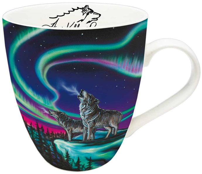 coffee mug of Inndigenous design with northern lights a two howling wolves 