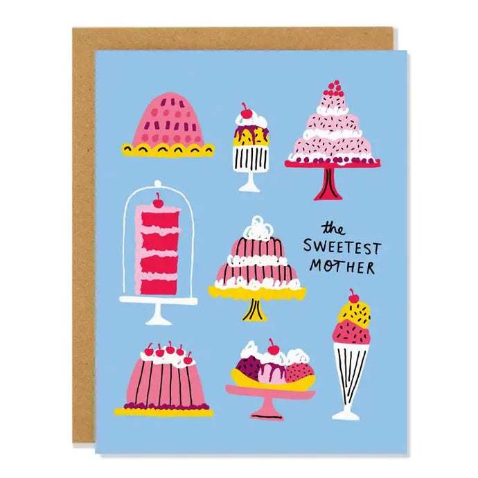 a bluue greeting card covered in illustrations of all sorts of sweets treatss and desserts and cupcakes. text. the sweetest mother