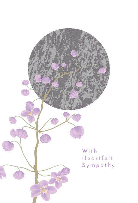 a greeting card with mauve flowers and a foil circle decor . text heartfelt sympathy