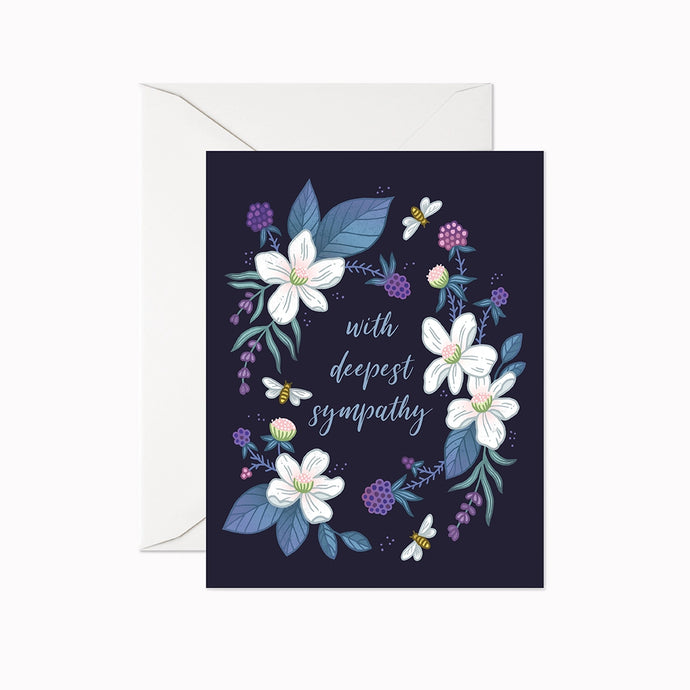 colour illustration of a greeting card with white blue and purple flowers text with deepest sympathy