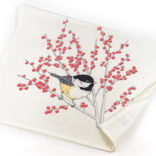 Load image into Gallery viewer, a white tea towel with a black capped chickadee bird sitting on red berry branches 
