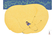 Load image into Gallery viewer, a greeting card featuring a Inuit polar bear enveloping a small sleeping human figure
