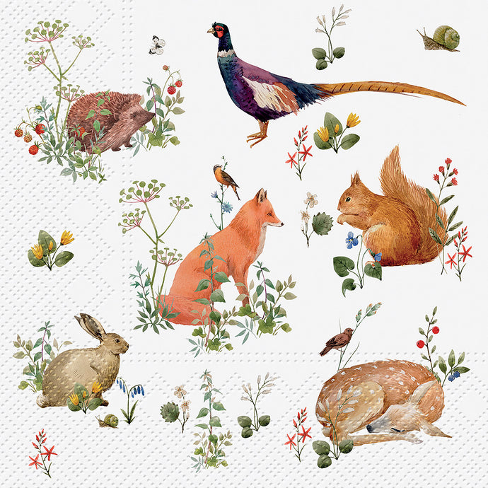 a package of white coloured paper napkins with coloured images of a rabbit a fox a fawn a squirrel a hedgehog a pheasant and small green branches 