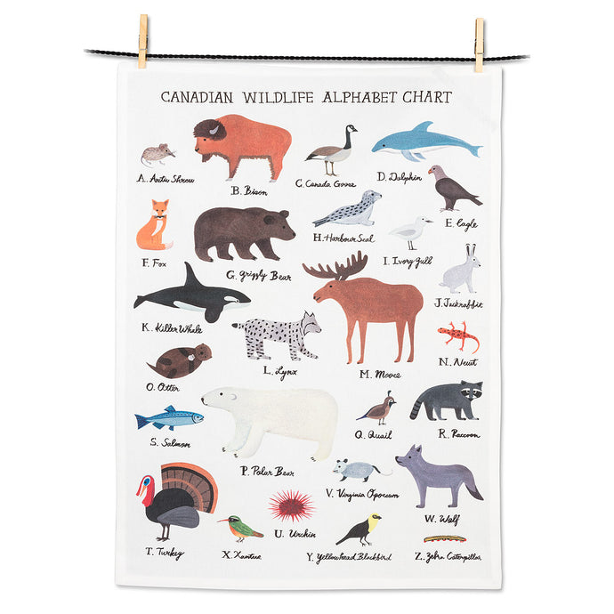 a white tea towel with alphabet animals and text Canadian wildlife alphabet chart 