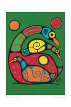 Load image into Gallery viewer, colourful painting Indigenous artist of 2 loons green, red, blue yellow
