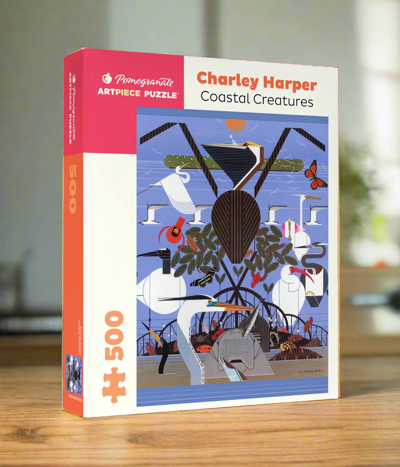 a jigsaw puzzle with art by Charley harper, birds, and ocean