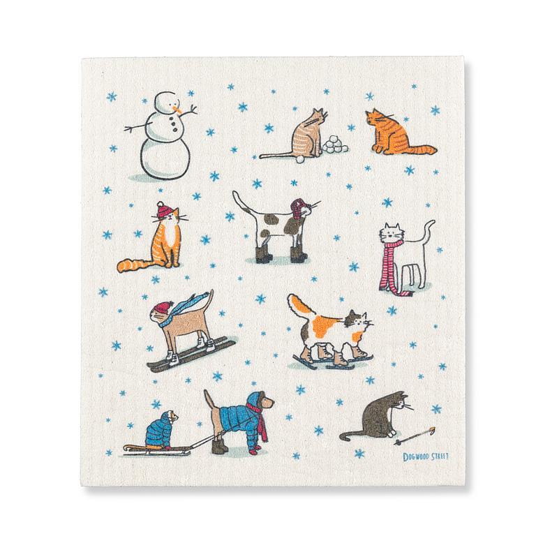 Festive towel with winter-themed illustrations of animals in various winter activities on a white background.