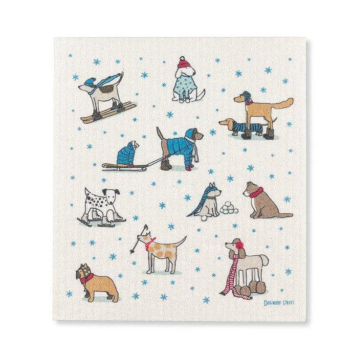 Dishcloth with illustrations of dogs in winter clothing on a white background