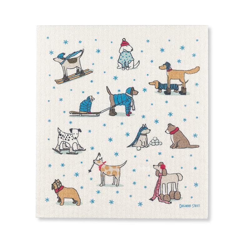 Dishcloth with illustrations of dogs in winter clothing on a white background