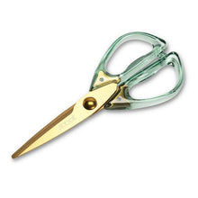 Load image into Gallery viewer, Scissors with gold blades and green handles on a white background
