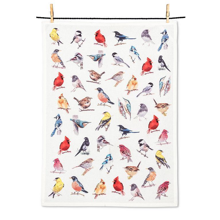 a white tea towel covered in drawings of several birds 