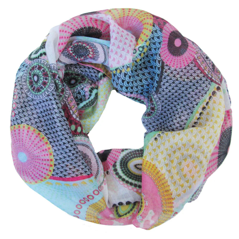 a colourful summer spring scarf with pink blue yellow brown colours