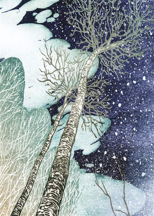 a greeting card depicting snow covered trees in the night sky with snowflakes 
