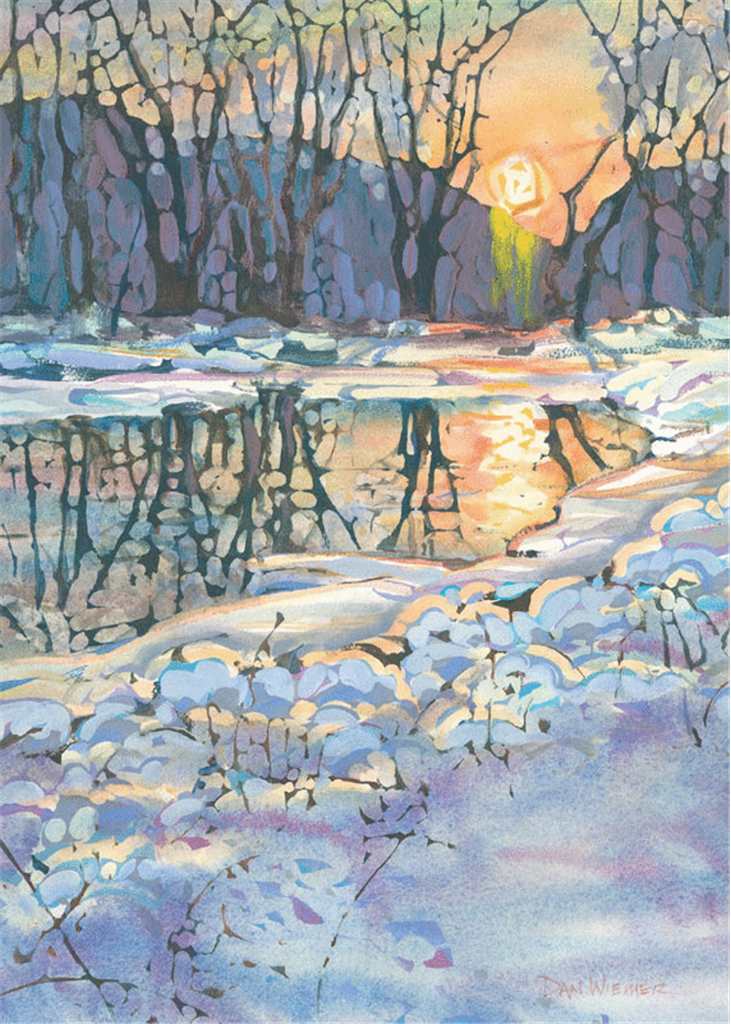 a pianting of a snowy river bank with the sun rising in background featured on a greeting card