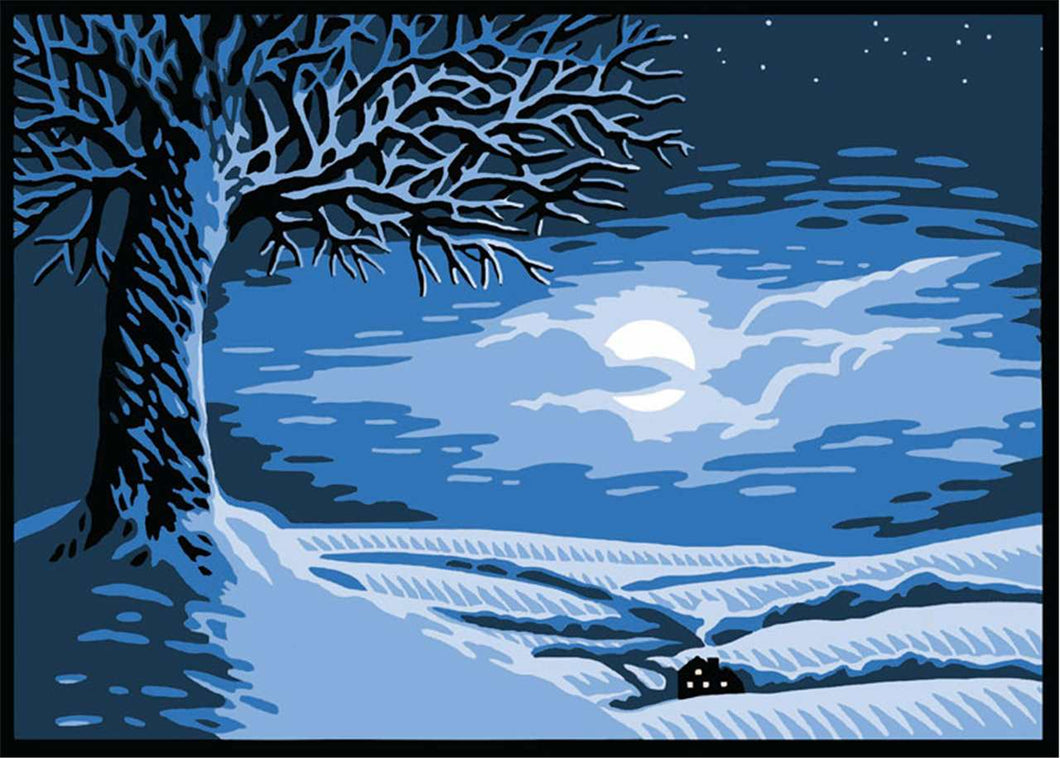 a greeting card. depicting the night in the snow with a large tree and the moonlit sky 