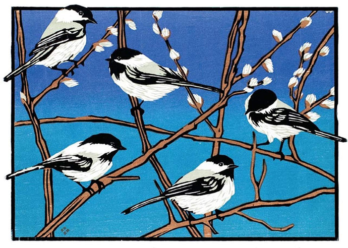 a greeting card featuring little black capped chickadee birds in branches with a dark blue sky 