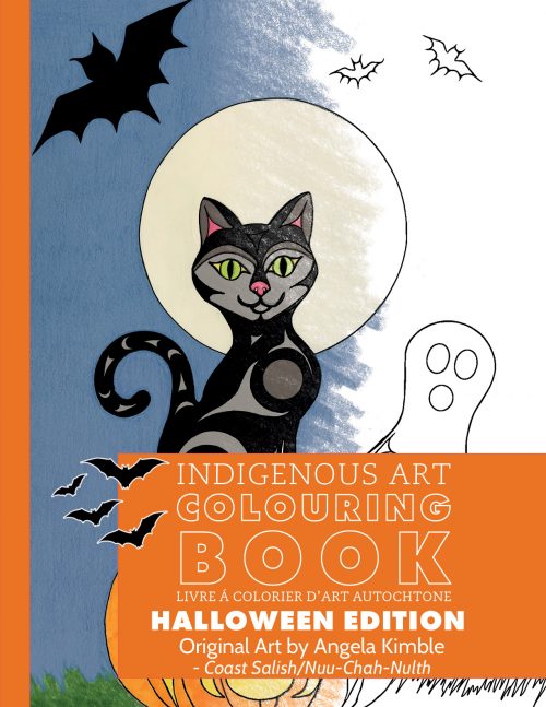 a colouring book depiction Indigenous art by angela kimble for halloween 
