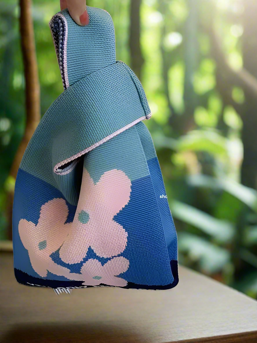 mini knot handbag  - blue & pink flower with text - save 50%