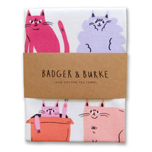 Load image into Gallery viewer, Packaged tea towel with cartoon cats and 'Badger &amp; Burke' branding
