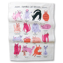 Load image into Gallery viewer, Tea towel with illustrations of various cat breeds and their names.
