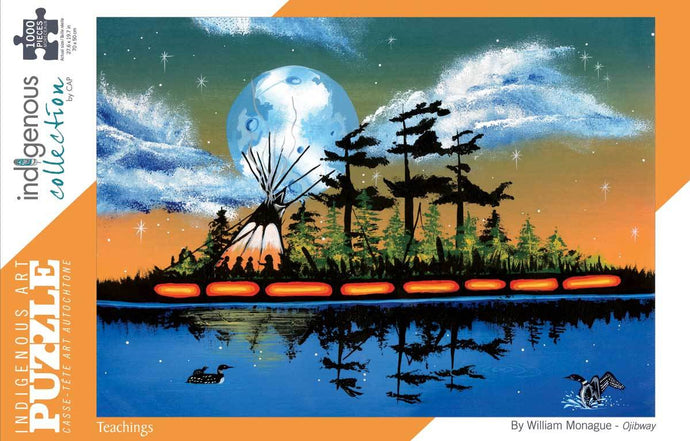 an Indigenous design jigsaw puzzle depicting an island with a tee pee and a large moon 