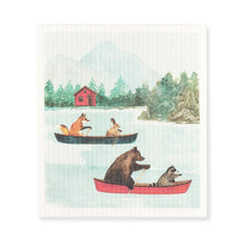 Load image into Gallery viewer, a SWEDSIH DISHCLOTH FEATURING ANIMALS IN 2 CANOES. FOX RABBIT BEAR AND RACCOON
