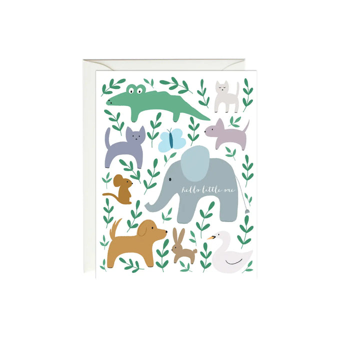 a greeting card with illustrations of an elephant, doggie, bunny, swan, and little animals with text hello little one 