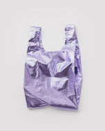 Shiny purple reusable bag on a light gray background
