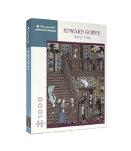 Load image into Gallery viewer, a jigsaw puzzle with dark tones of Victorian people tossing a baby in the air. dark humour . text on box. Edward Gorey Baby Toss 
