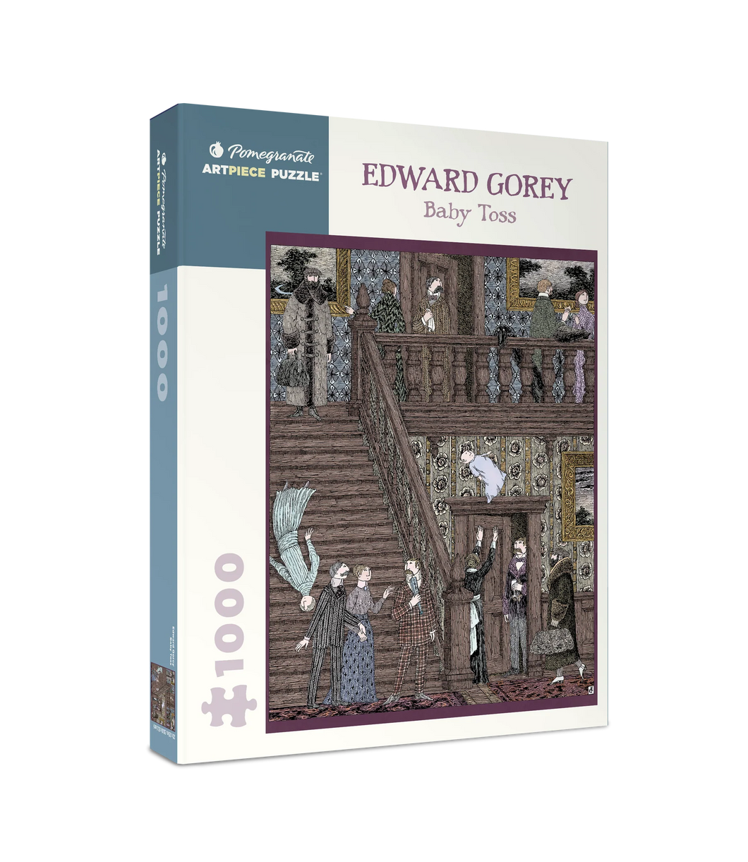a jigsaw puzzle with dark tones of Victorian people tossing a baby in the air. dark humour . text on box. Edward Gorey Baby Toss 