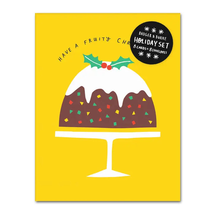 a greeting card depicting a rounded fruit cake with icing and text have a fruity christmas 