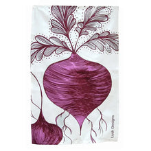 Load image into Gallery viewer, a white tea towel with an art depiction of a large vegetable purple beet 
