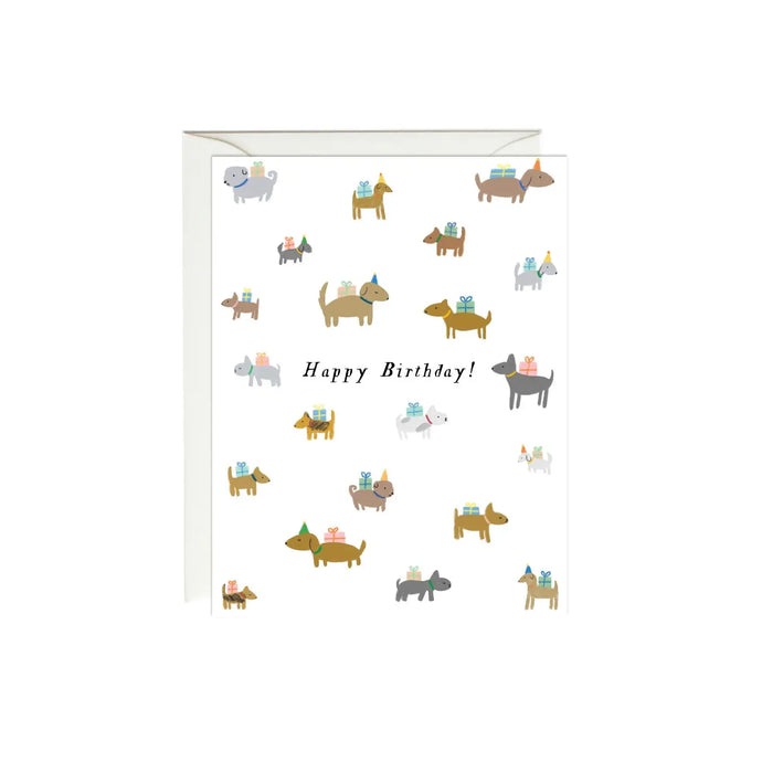 a white birthday card covered in whimsical illustrations of dogs with little gifts on their backs, text happy birthday 