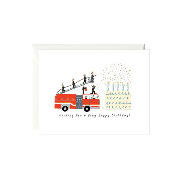  a white coloured greeting card with illustration of a fire truck putting out the burning candles on a birthday cake . text, wishing you a very happy birthday 