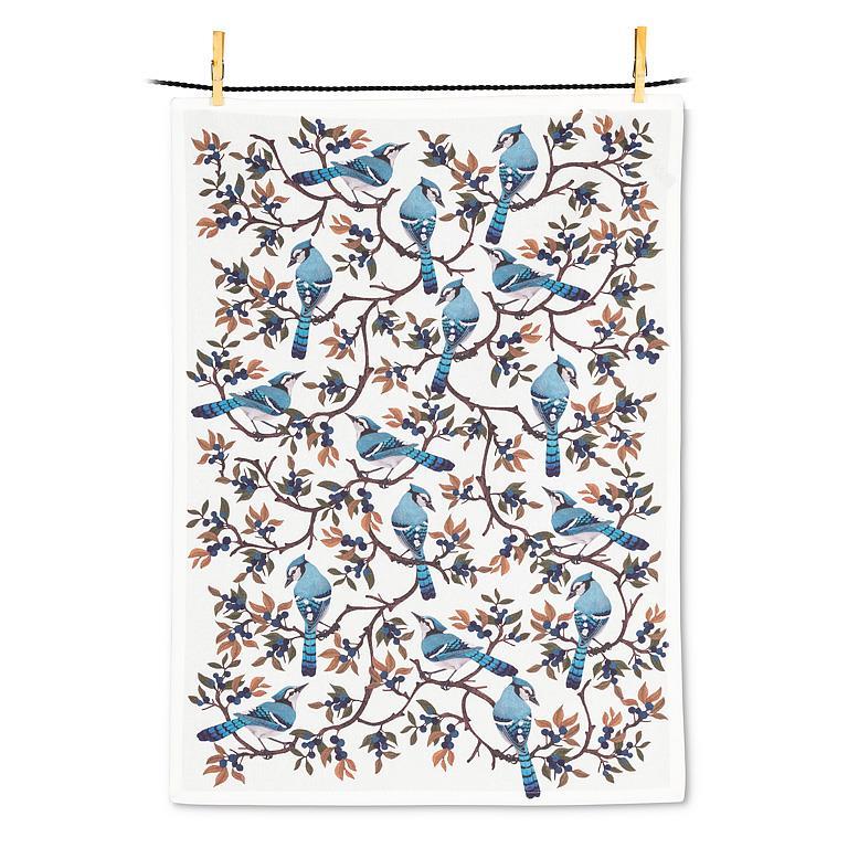 blue jays &  berries  tea towel