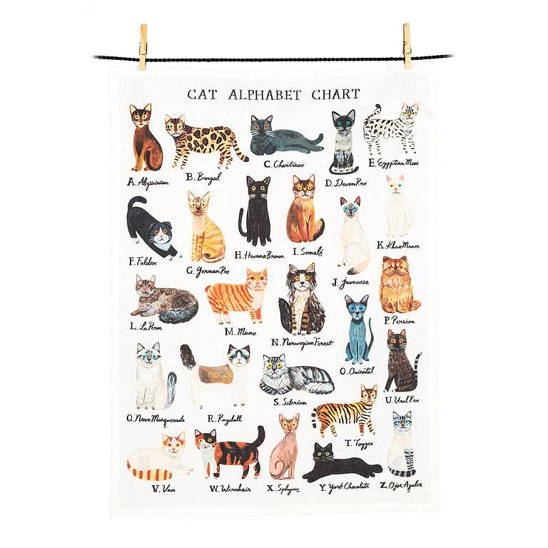 a kitchen tea towel in white with coloured cats and their matching alphabet letter 