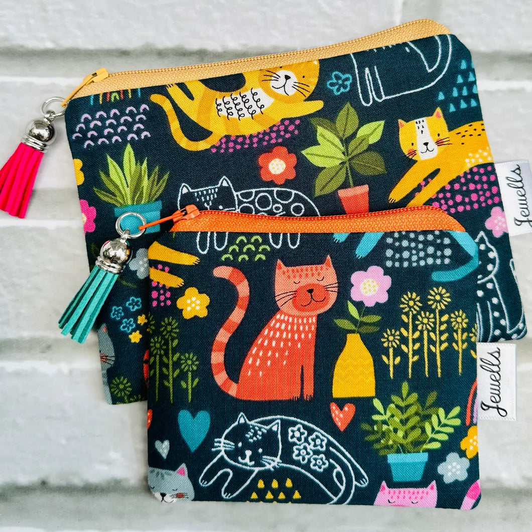 zip pouch - cheerful cats - navy